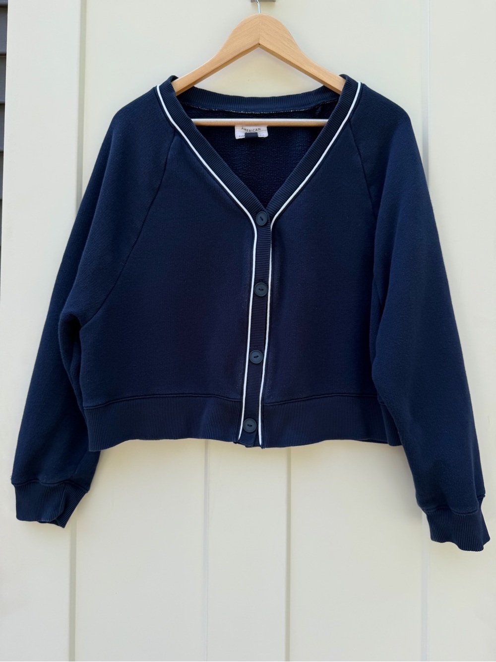 American Eagle Outfitters Navy Blue Button-Front Cardigan with White Piping